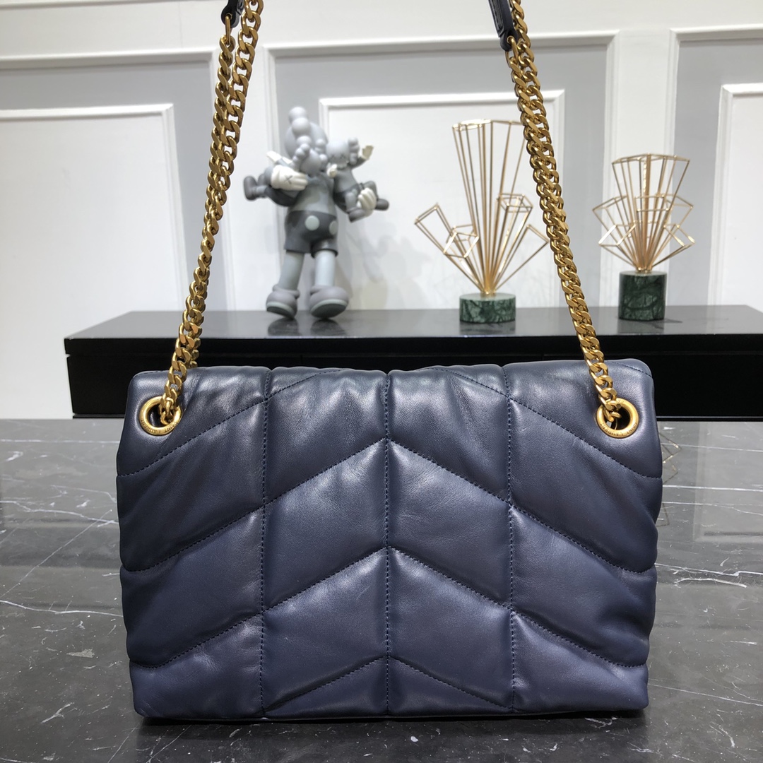 Saint Laurent Loulou Puffer Small Lambskin Shoulder Bag Handbag Dark Blue 577476 Gold